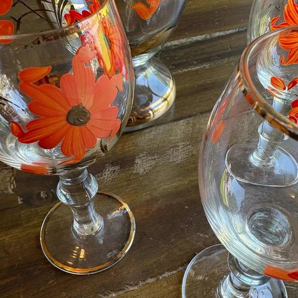 MCM Decanter Set Orange & Gold Gilded Striped Cordial Glass Hand Painted Floral - Picture 4 of 11